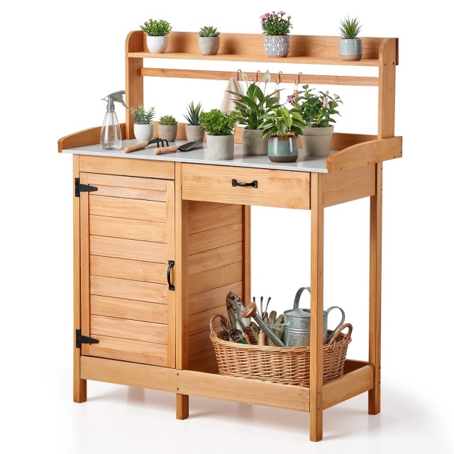VEVOR Ξύλινος Πάγκος Κηπουρικής με Μεταλλική Επιφάνεια Εργασίας και Αποθηκευτικούς Χώρους SHYSZZGZTSM3UU0C2001V0