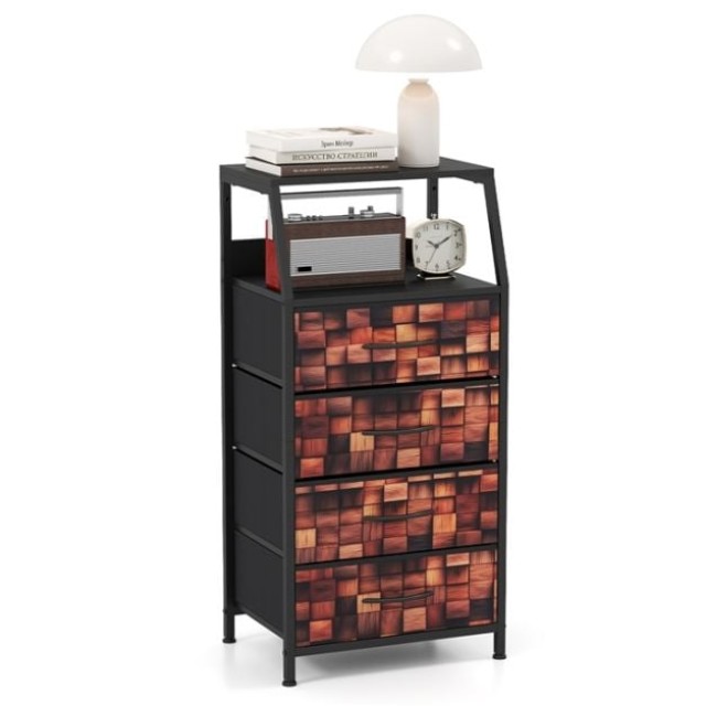 Costway Κομοδίνο Βιομηχανικού Στυλ με 4 Υφασμάτινα Συρτάρια και Ανοιχτό Ράφι Καφέ, 83 x 29 x 40 cm JV12936CF