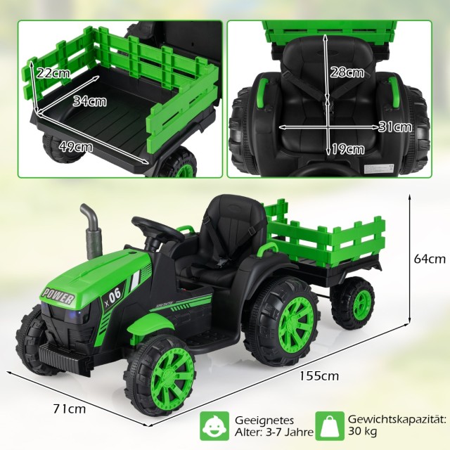 Costway Ηλεκτρικό Παιδικό Τρακτέρ 24V με Τρέιλερ, LED Φώτα και Μουσική - Πράσινο TQ10432DE-GN