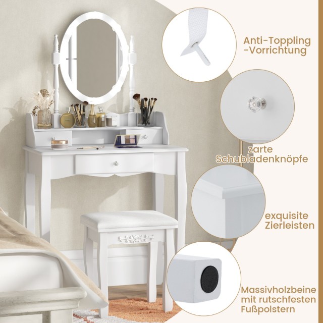 Μπουντουάρ - Τουαλέτα Μακιγιάζ με LED Φωτισμό Ρυθμιζόμενης Φωτεινότητας με 3 Συρτάρια 75 x 40 x 143,5 cm Λευκό HU10545DE-WH Costway