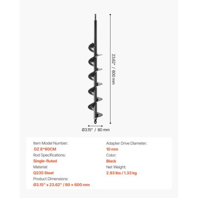 VEVOR Σπειροειδές Τρυπάνι Γης 8x60cm για Γλάστρες LXZZT1G80MM6E08ZC001V0