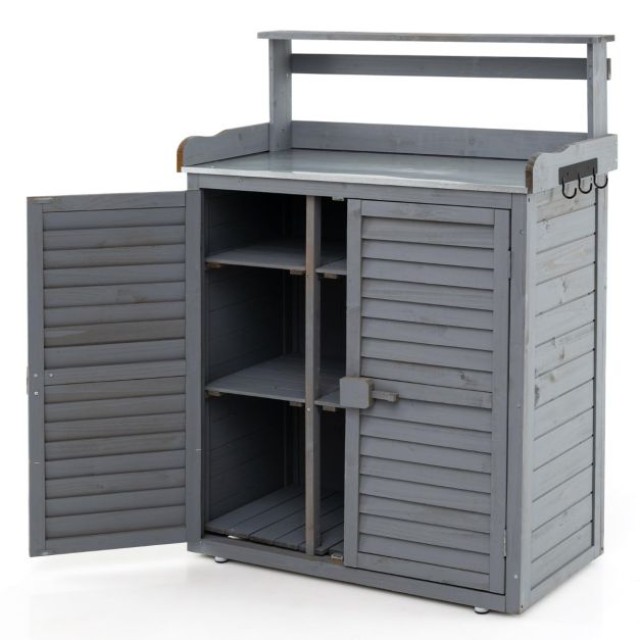 Costway Τραπέζι Φύτευσης Υπαίθριο με Ντουλάπι, Επικαλυμμένη Εργασιακή Επιφάνεια & Αποσπώμενα Ράφια - Γκρι 120 cm x 45 cm x 87 cm GT4201GR