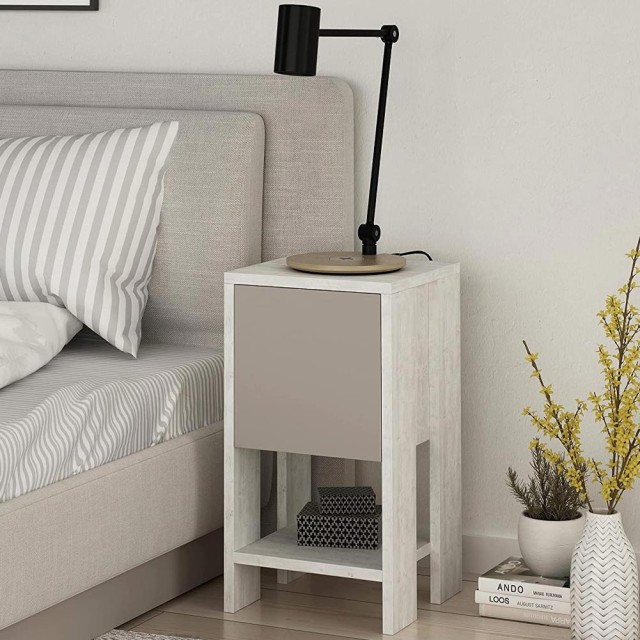 Shally Dogan Κομοδίνο Ντουλάπι με 2 Ράφια και Πόρτα Ανακλινόμενη Ταμπουρέ Μοντέρνο Λευκό Αντικέ Ταμπά 02815284