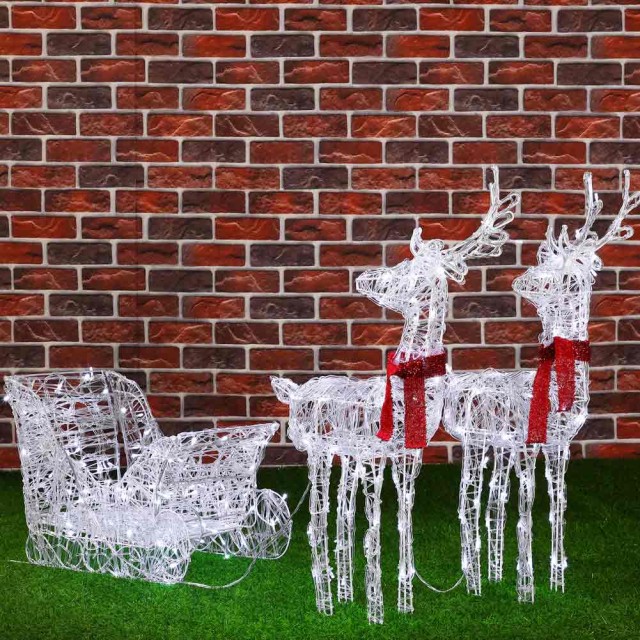 BAKAJI  Έλκηθρο και Τάρανδοι Χριστουγεννιάτικοι 3D Φωτεινοί 240 LED Ψυχρό Λευκό για Εξωτερικό με μπαταρίες  02814729