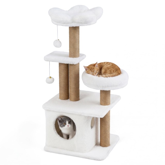 Costway Δέντρο Γάτας 96 εκ. με Φωλιά, Πλατφόρμα, Κρεβάτι και 2 Μπαλάκια, Μπεζ, 96 x 44,5 x 39 cm PV10567MW