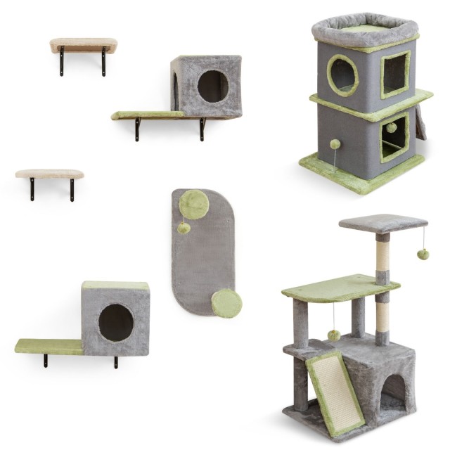 Costway Σετ Επίπλων Γάτας 3-σε-1 Κέντρο Δραστηριοτήτων με Σπίτι και 3 Επίπεδα Ονυχοδρόμιο Γκρι PV10338GR+