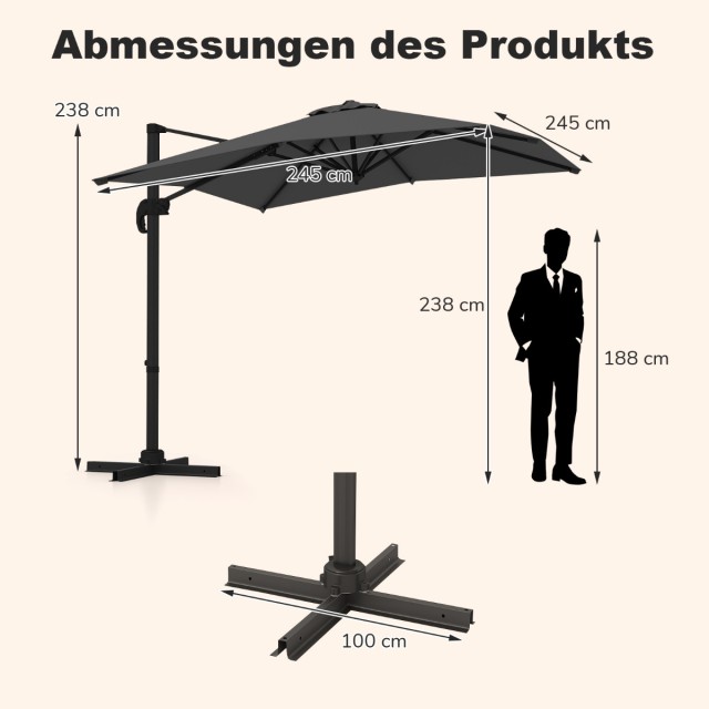 Costway Μεγάλη Ομπρέλα Ampelschirm 250 x 250 cm με Μανιβέλα Γκρι NP11553GR