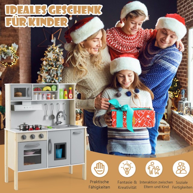 Costway Παιδική Ξύλινη Κουζίνα με 18 Αξεσουάρ, Νιπτήρα και Φούρνο Μικροκυμάτων, Γκρι TP10125GR