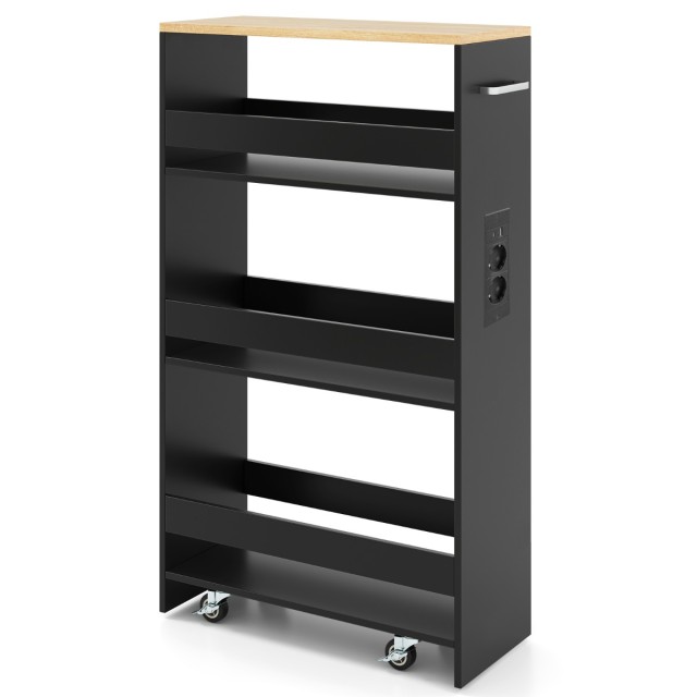Costway Λεπτό Trolley Αποθήκευσης 80,5 x 20 x 47,5 cm,  με 4 επίπεδα και ενσωματωμένη βάση φόρτισης, μαύρη, για την κουζίνα JV11646DE-DK