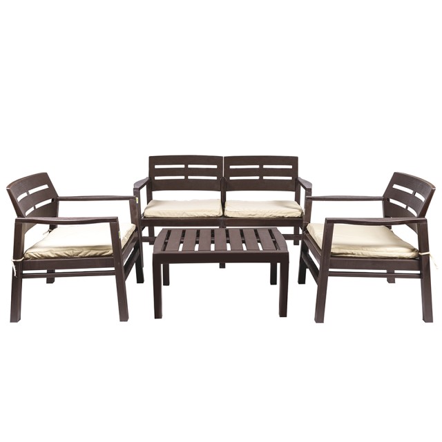 Galileo Σετ κήπου 4 θέσεων καφέ από πλαστικό PP με εφέ ξύλου και μπεζ μαξιλάρια Fiji Est 5906462