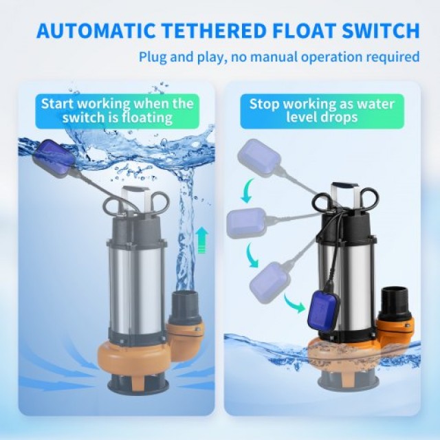 Αντλία Βυθιζόμενη VEVOR 2200W, 60000L/H, με 10μ Καλώδιο & Αυτόματο Φλοτέρ, Ανοξείδωτη για Καθαρά/Βρώμικα Νερά WSBBX30HP220VSLN2V2