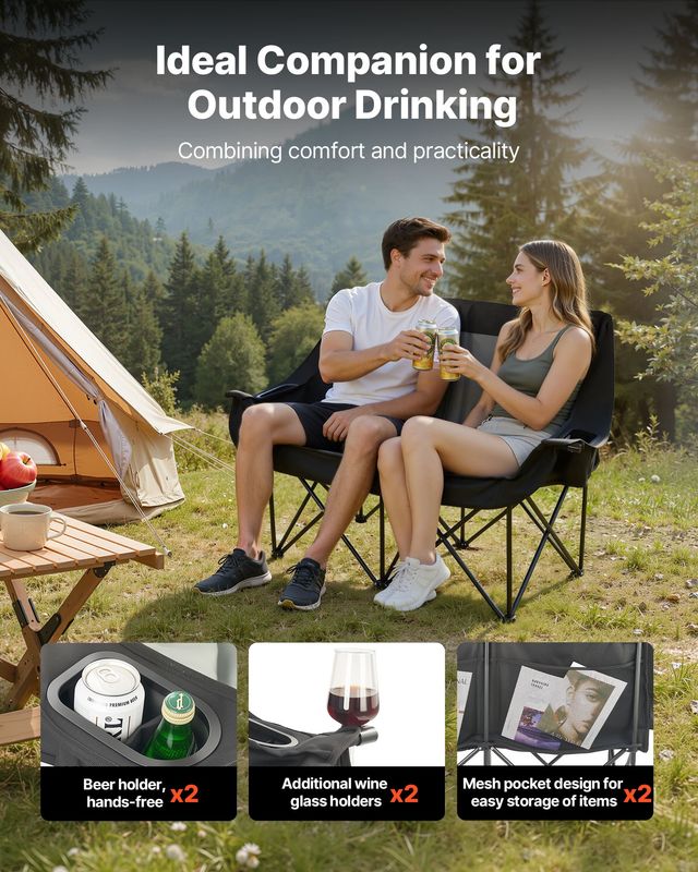 VEVOR Διπλή Καρέκλα Camping για Δύο Άτομα, Αντοχή 300 κιλών, Κύπελλα & Θήκες Ποτηριών, Θήκες Περιοδικών, Τσάντα Μεταφοράς HWZDYXSRYLYSNFM74001V0