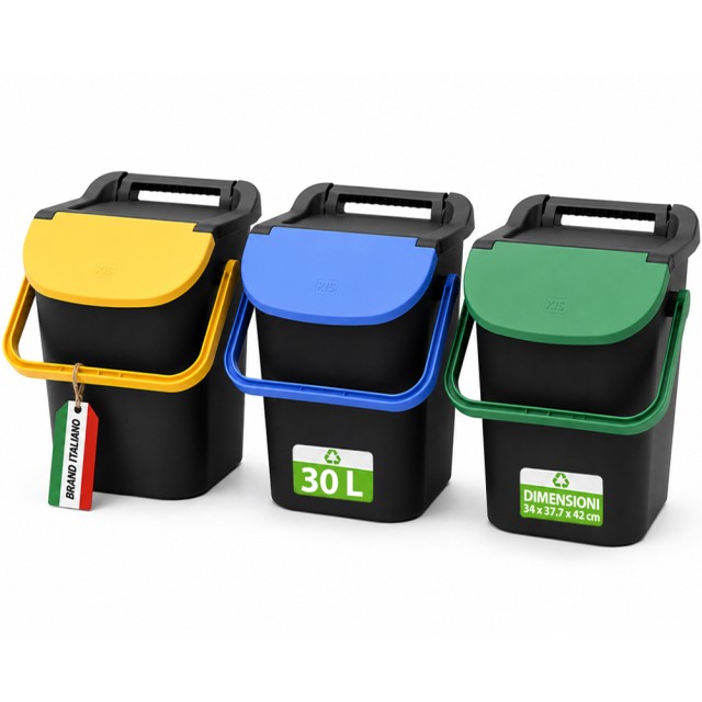 BAKAJI Σετ 3 Στοιβαζόμενοι Κάδοι Απορριμμάτων Tower Bin 3x30L για Ανακύκλωση 34x37,7x42 εκ. 02002429