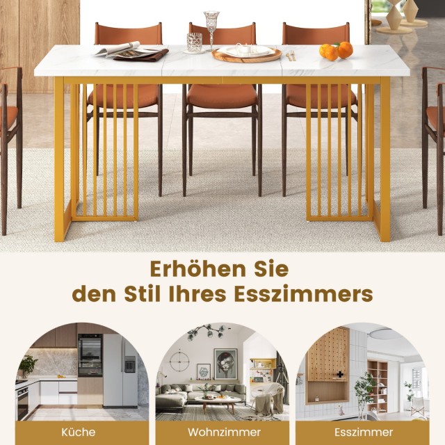 Costway Τραπέζι τραπεζαρίας ξύλινο 160 x 60 cm ορθογώνιο τραπέζι κουζίνας με όψη μαρμάρου & μεταλλικά πόδια λευκό + χρυσό KC56958WH