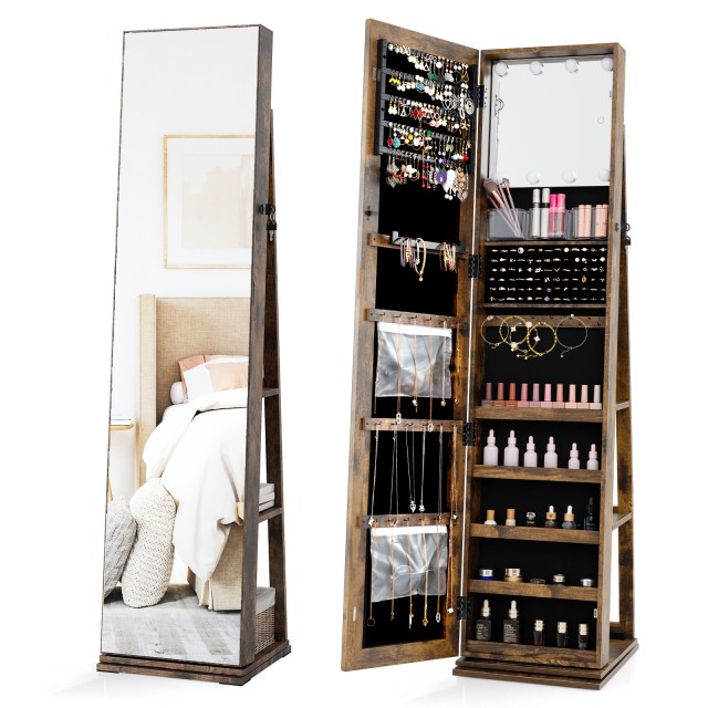 Costway Περιστρεφόμενη 360° Ντουλάπα Κοσμημάτων με Ολόσωμο Καθρέφτη & Πίσω Ράφια Ρουστίκ Καφέ JV12358FG