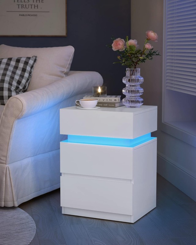 Κομοδίνο με LED Φωτισμό & 3 Συρτάρια – 35 x 40 x 55cm Λευκό LET630T10V1 VASAGLE