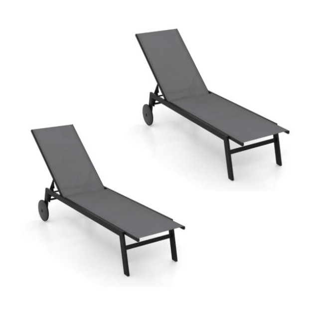 Costway Σετ 2 Ξαπλώστρες με Ρυθμιζόμενη Πλάτη και Ρόδες για τον Κήπο, Γκρι NP12860GR-2