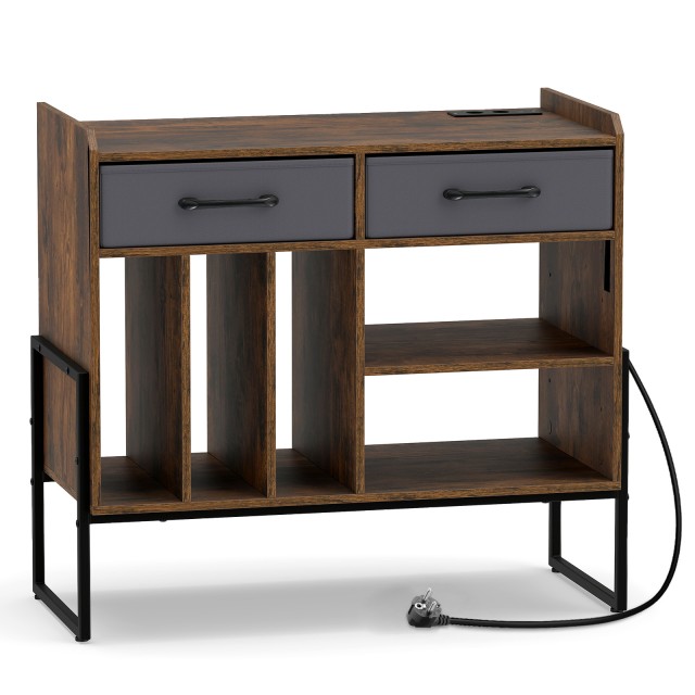 Costway Βάση Δίσκων Βινυλίου με Πρίζες, USB και Θύρα Type-C, με 2 Πτυσσόμενα Υφασμάτινα Συρτάρια, Καφέ, 68,5 x 35,5 x 76 cm JV13717DE-CF