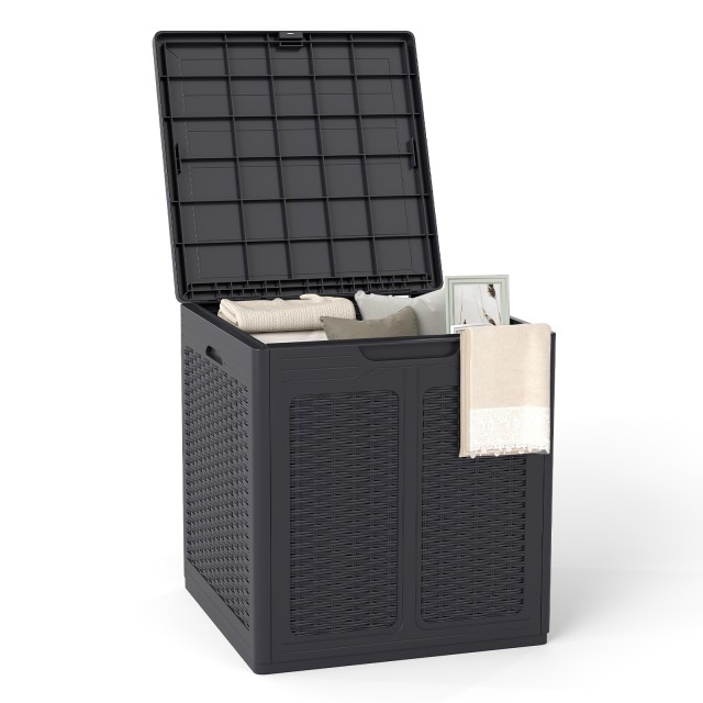 Costway Μεγάλος Καφέ Αποθηκευτικός Κάδος 145L με Καπάκι PP & Σχέδιο Ρατάν Εξωτερικού Χώρου NP12726BN