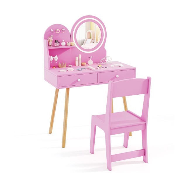 Costway Σετ Μακιγιάζ Τουαλέτας για Παιδιά με Φωτιζόμενο Καθρέφτη και Καρέκλα σε Ροζ Χρώμα με Μοτίβο Πριγκίπισσας 101 x 34 x 70 cm HY10380PI