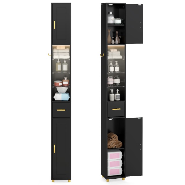 Costway Ντουλάπι Μπάνιου με Φωτισμό, Συρτάρι & 3 Γυάλινα Ράφια 181 x 20 x 20 εκ JV12818DK