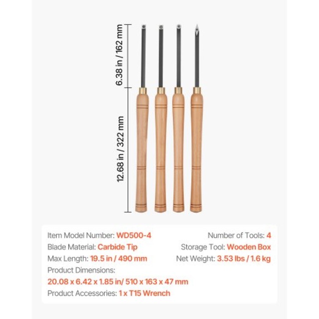 VEVOR Σετ 4 Εργαλεία Τόρνου με Καρβίδιο HSS και Ξύλινη Θήκη MBMGCDYTSYDPUN4IX001V0