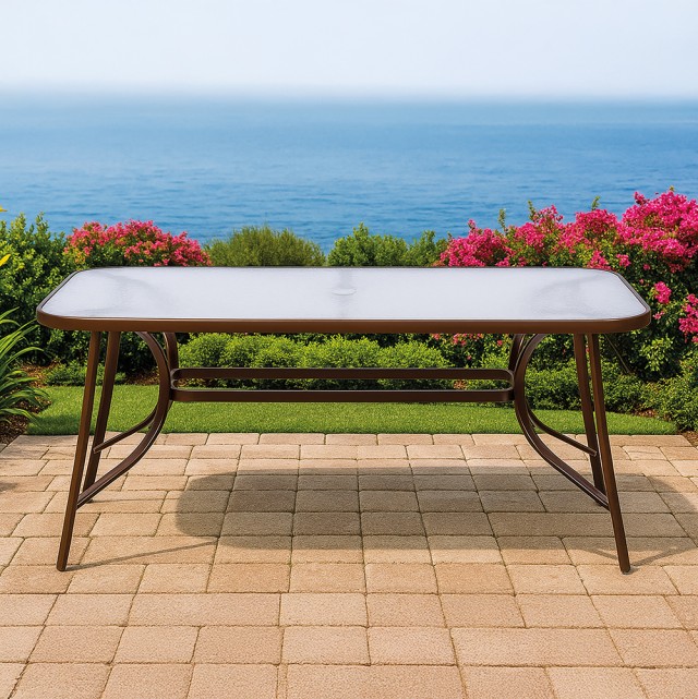 Galileo Εξωτερικό τραπέζι 150x90 cm από ανθρακούχο χάλυβα με επάνω μέρος από σφυρήλατο καφέ σκληρυμένο γυαλί Est 2188443