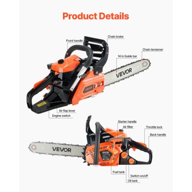 VEVOR Αλυσοπρίονο Βενζίνης 40cc 1.8 HP 14 ιντσών για Κοπή Ξύλου RQLJ14INCHEC4M9U6001V0