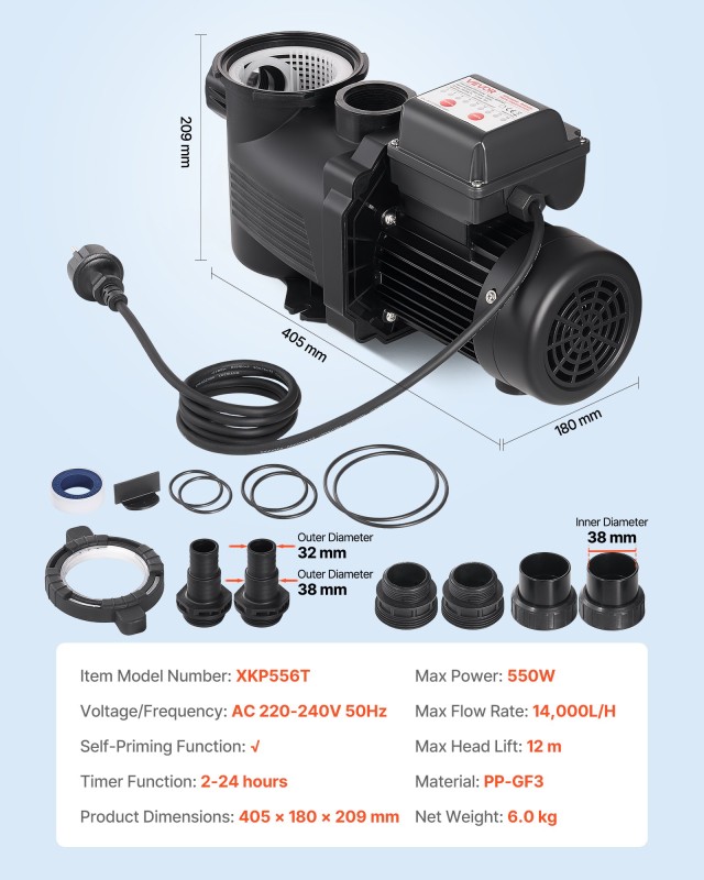 VEVOR Αντλία Πισίνας 550W 14,000 L/H AC 220-240V Μονοτάχυτη με Χρονοδιακόπτη & Καλάθι Φίλτρου για Πάνω & Εντός Εδάφους Πισίνες, Υδρομασάζ, Σπα DSYCGLBOZDS5WLI6F001V2