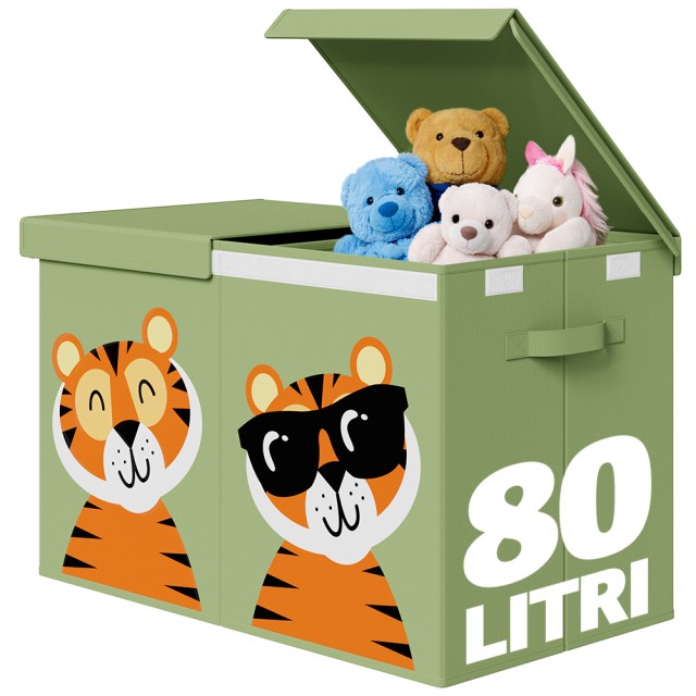 BAKAJI Πτυσσόμενο Κουτί Αποθήκευσης Παιχνιδιών με Ζωάκια Διπλό 80L Πράσινο Εξοικονόμησης Χώρου 62,5 x 31,5 x 40 cm 02001867