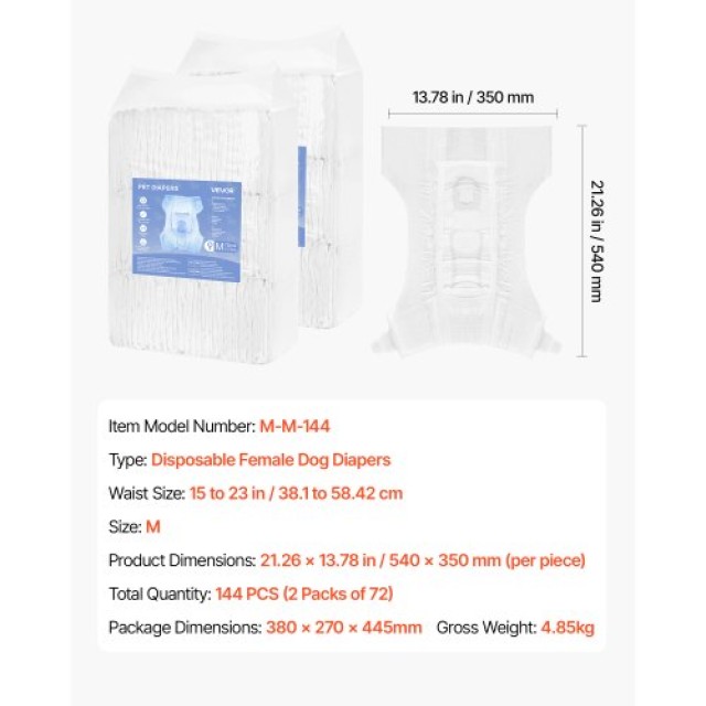 VEVOR Υπερ-Απορροφητικές Πάνες Μίας Χρήσης για Θηλυκά Σκυλιά Μέγεθος M, 144 Τεμάχια CWNBZNKMG144DSR9E001V0