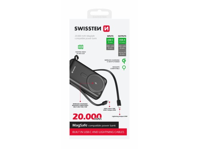 SWISSTEN Powerbank 20000 mAh PD 20W με ενσωματωμένα καλώδια USB-C και Lightning (Συμβατό με MagSafe) 8595217484795