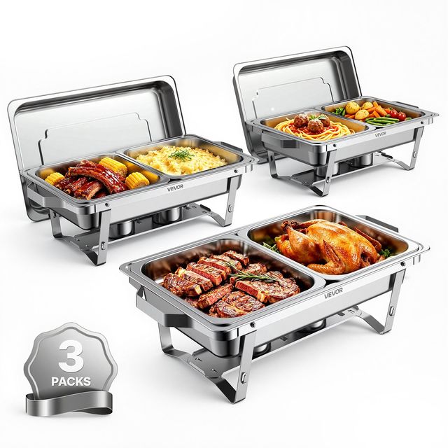 VEVOR Σετ 3 Chafing Dish Μπουφέ 8,5L από Ανοξείδωτο Ατσάλι, Ορθογώνιο, με 6 Ημίδισκα, Θήκη Καυσίμου και Αναδιπλούμενη Βάση ZFXCLBXGG2GPCCGQN001V0