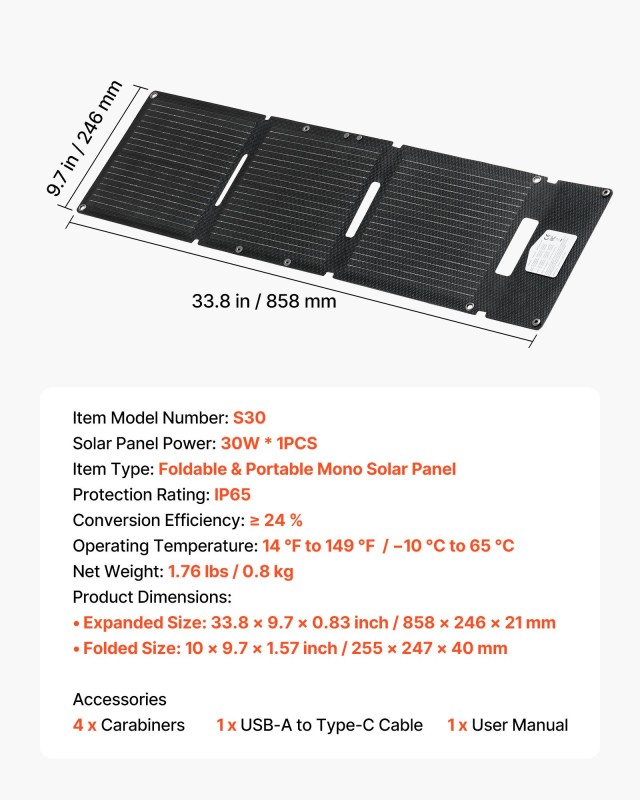 VEVOR 30W Αναδιπλούμενος Φορτιστής Ηλιακής Ενέργειας, Ultra-Light με USB & Type-C για Κατασκήνωση & Συσκευές BXZDTYNB130WQ3D4Y001Y3