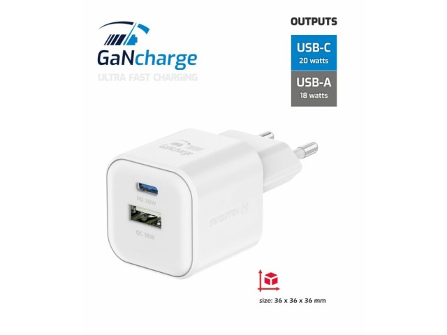 SWISSTEN Προηγμένος Αντάπτορας GaN: 1x USB-C 20W PD & 1x USB-A 18W QC για Υπερταχεία Φόρτιση Λευκό 8595217484405