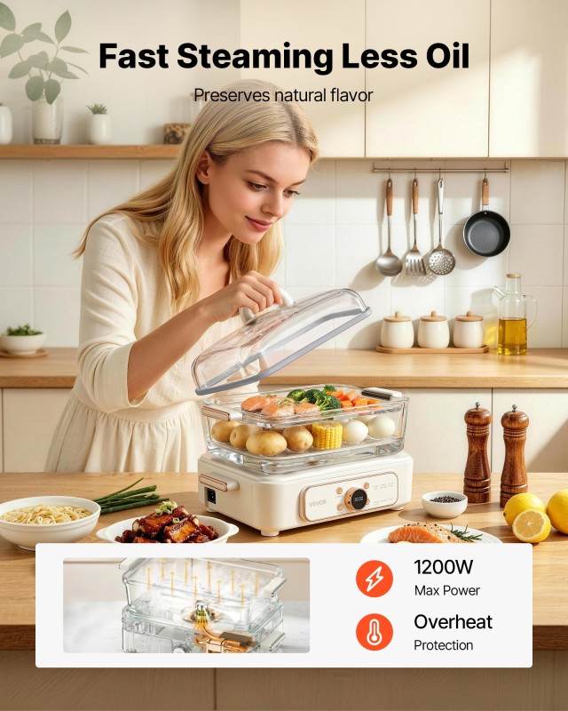 VEVOR Ηλεκτρικός Ατμομάγειρας Τροφίμων 6L Γυάλινος με 2 Επίπεδα Ανοξείδωτους Δίσκους 1200W Λευκός YJJXDZG1C12027GOI001V2