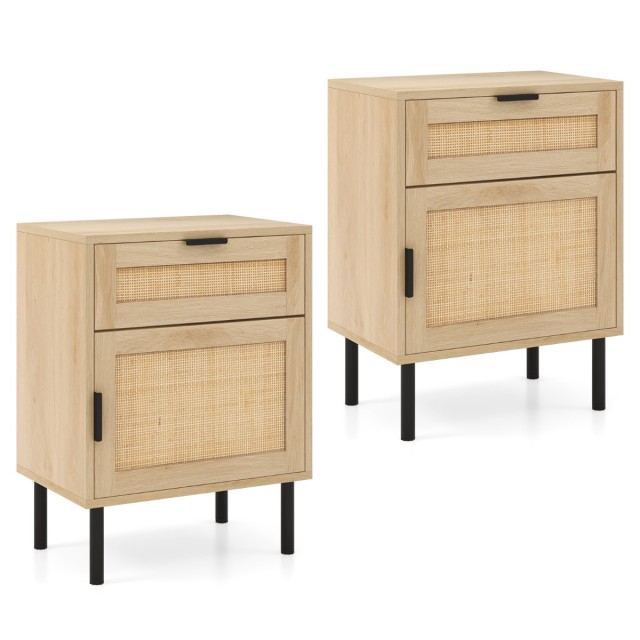 Costway Σετ 2 Κομοδίνα Rattan με Συρτάρι και Ντουλάπι 45 x 30 x 59 cm Φυσικό HU10750NA-2