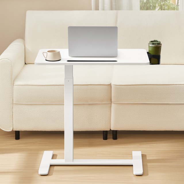 VASAGLE Κινητό Γραφείο με Ρόδες, Ρυθμιζόμενο Ύψος, 2 Θήκες Ποτηριών, Υποδοχή για Τηλέφωνο/Tablet, Λευκό , 70x40x(65-102)cm LSD600W01