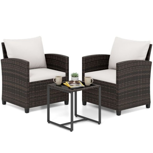 Costway Σετ κήπου 3 τεμαχίων με 2 πολυθρόνες, γυάλινο τραπέζι, μεταλλικό σκελετό και μαξιλάρια, μπεζ NP13119MS