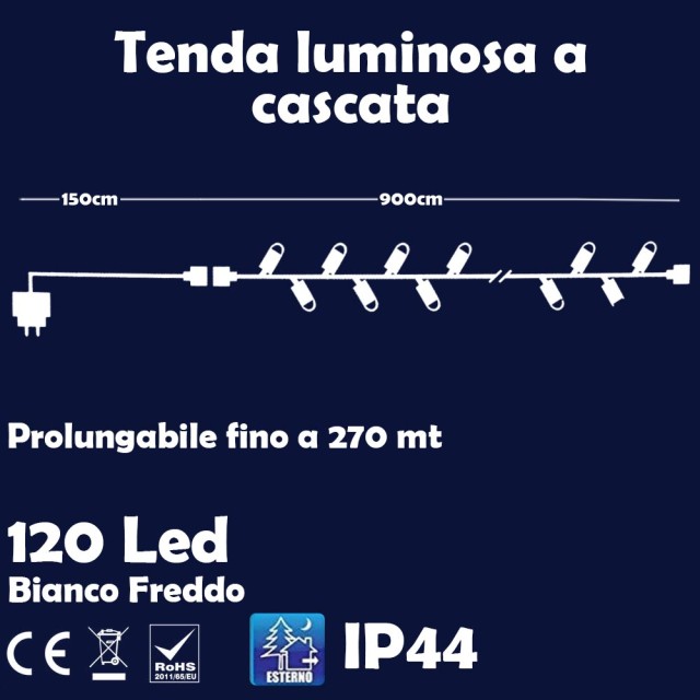 BAKAJI Γιρλάντα Χριστουγεννιάτικων Φώτων 120Led Ψυχρό Λευκό με Αναβοσβήσιμο 9μ Εξωτερικού Χώρου Επεκτάσιμη 02052730