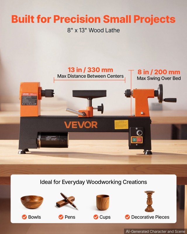 VEVOR Μίνι ξυλουργικός τόρνος πάγκου 1/3 HP 200x330 mm, μεταβλητής ταχύτητας 150-3200 rpm TSMGCC25K0339G6FZ001V2