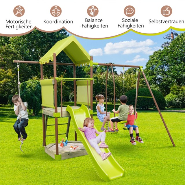Costway 7-σε-1 Παιδική Κούνια Εξωτερικού Χώρου 320 x 260 x 248 εκ με Κάστρο, Τσουλήθρα & Αμμοδόχο NP11650GN+
