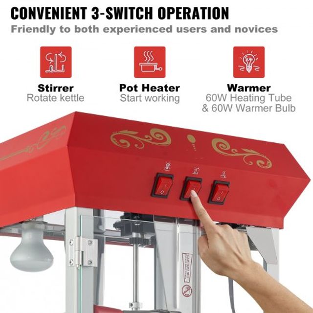 VEVOR Μηχανή Ποπκόρν με Καρότσι 850W 8 Oz 48 Κούπες Κόκκινη CSBMHJ8OZ850W171EV2
