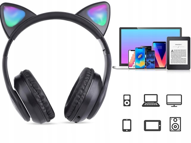 Verk Group Ασύρματα Ακουστικά Bluetooth με FM Radio, MP3 και LED Αυτιά Γάτας – Μαύρα 5907451355640