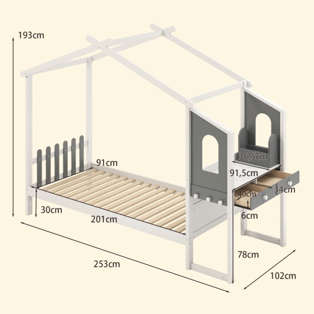 Costway Κρεβάτι-Σπίτι 90 x 200 cm με Ενσωματωμένο Γραφείο και Αποθηκευτικό Χώρο από Ξύλο HU10795WHT+
