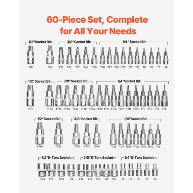 VEVOR Σετ Καρυδάκια Torx Εξωτερικά 60 Τεμαχίων S2 Κράμα Χάλυβα Cr-V PTTT143812TOZF3DAV0