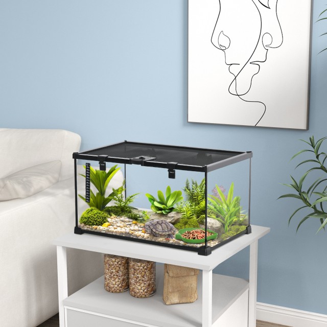 Γυάλινο Ενυδρείο για Ερπετά / Terrarium  με Κλειδαριά και Θερμόμετρο με Μεταλλικό Πλέγμα 50x30x25cm - Μαύρο D40-015V01 PawHut