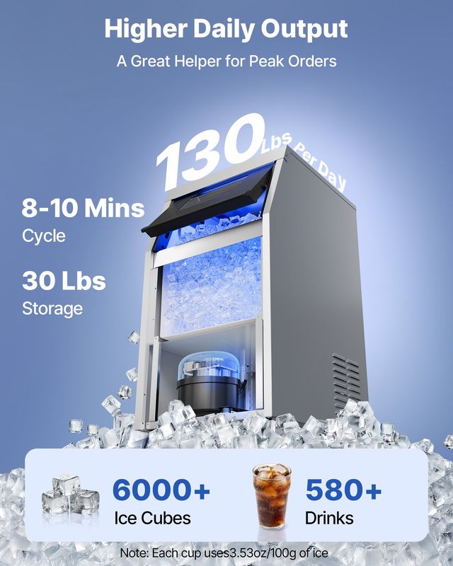 VEVOR Επαγγελματική Παγομηχανή 59kg/24h με Αποθήκευση 14kg Ανοξείδωτη με LED Οθόνη και Αυτόματο Καθαρισμό YTSZBJFB130LLID9H001V2