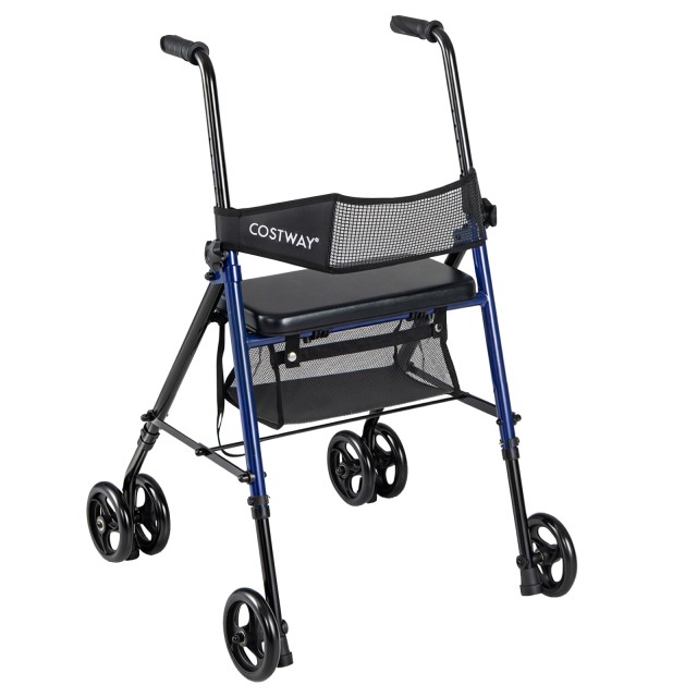Costway Πτυσσόμενο Rollator με Κάθισμα και Τσάντα, Ρυθμιζόμενο σε 8 Θέσεις Ύψους, Ελαφρύ, με Τροχούς 15 εκ., για Ηλικιωμένους, Μπλε, 75,5-93 x 64 x 59 cm JH10036BL