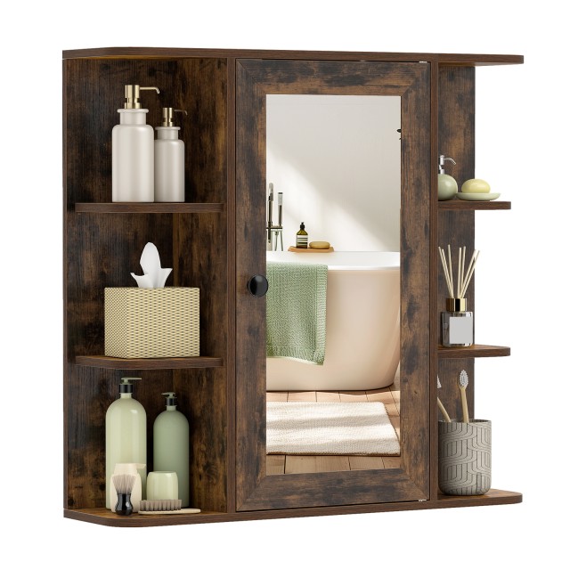 Costway Ντουλάπι μπάνιου με καθρέφτη, 3 εσωτερικά ράφια και 6 ανοιχτά διαμερίσματα, ρουστίκ καφέ, 63 x 66 x 16,5 cm BA8484CF